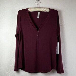 Athleta Nighttime Bliss Sleep Top Long Sleeve Henley Medium Burgundy New $49
